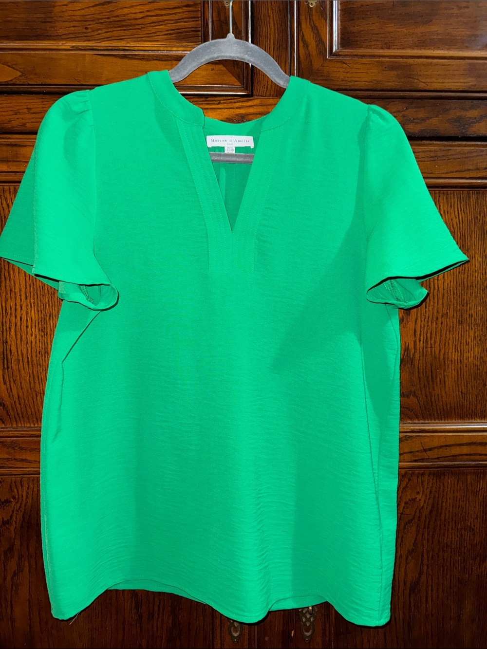 Bright Green V-Neck Flutter Sleeve Blouse